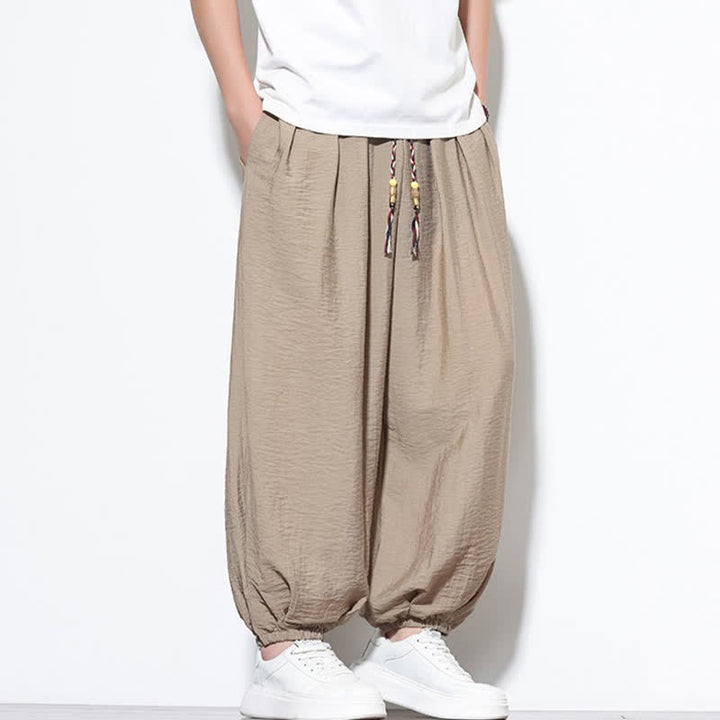 Buddha Stones 夏物カジュアルボヘミアン風ドローストリング無地クロップドパンツメンズハーレムパンツポケット付き - image 30