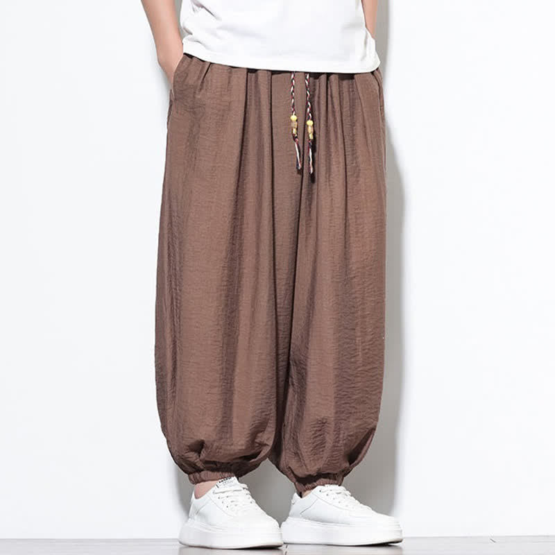 Buddha Stones 夏物カジュアルボヘミアン風ドローストリング無地クロップドパンツメンズハーレムパンツポケット付き - image 24