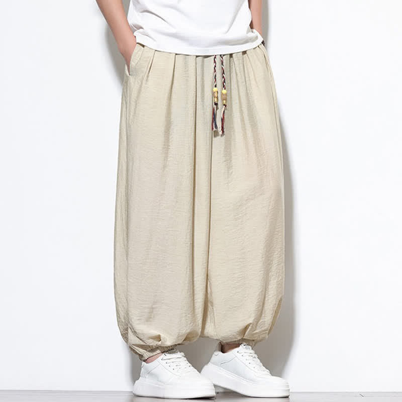Buddha Stones 夏物カジュアルボヘミアン風ドローストリング無地クロップドパンツメンズハーレムパンツポケット付き - image 7