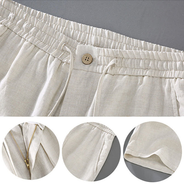 Buddha Stones 夏用唐風瞑想マンダリンカラーボタンアップ無地リネン半袖シャツパンツメンズ瞑想服ポケット付き2点セット - image 3