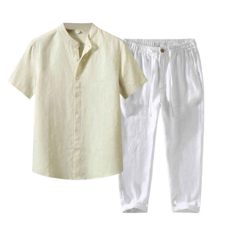 Buddha Stones 夏用唐風瞑想マンダリンカラーボタンアップ無地リネン半袖シャツパンツメンズ瞑想服ポケット付き2点セット - image 18