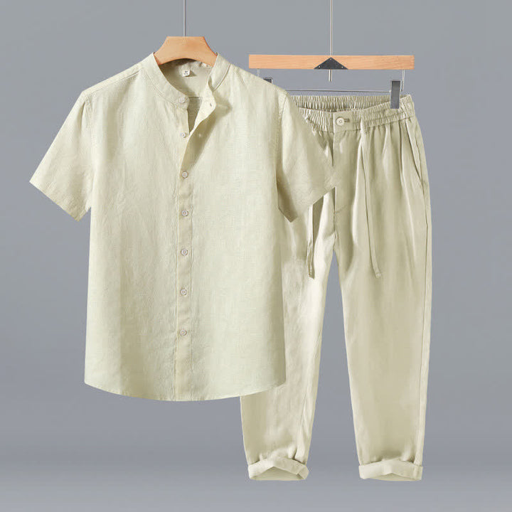 Buddha Stones 夏用唐風瞑想マンダリンカラーボタンアップ無地リネン半袖シャツパンツメンズ瞑想服ポケット付き2点セット - ベージュのシャツ＋パンツ - US/UK/AU42、 EU52 (3XL) - image 10