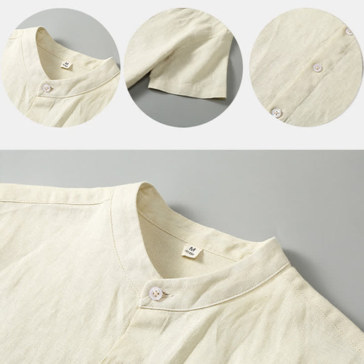 Buddha Stones 夏用唐風瞑想マンダリンカラーボタンアップ無地リネン半袖シャツパンツメンズ瞑想服ポケット付き2点セット - image 11