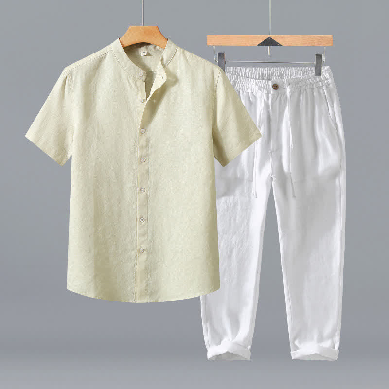 Buddha Stones 夏用唐風瞑想マンダリンカラーボタンアップ無地リネン半袖シャツパンツメンズ瞑想服ポケット付き2点セット - ベージュのシャツ＋白いパンツ - US/UK/AU42、 EU52 (3XL) - image 17