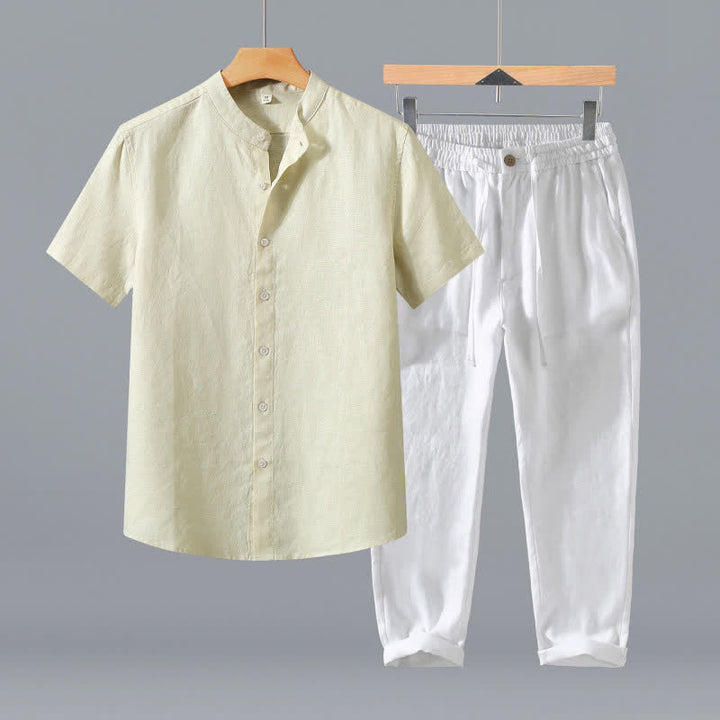Buddha Stones 夏用唐風瞑想マンダリンカラーボタンアップ無地リネン半袖シャツパンツメンズ瞑想服ポケット付き2点セット - ベージュのシャツ＋白いパンツ - US/UK/AU42、 EU52 (3XL) - image 17