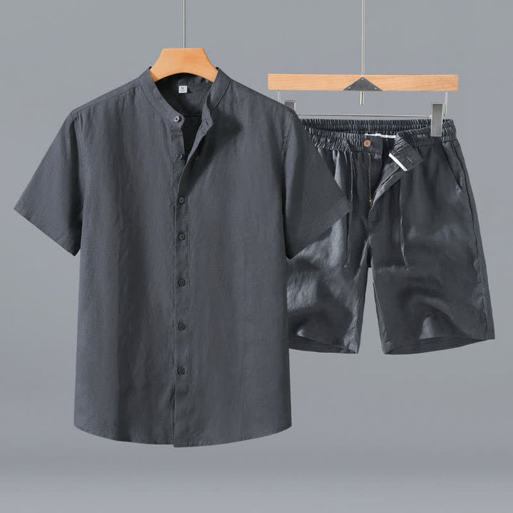 Buddha Stones 夏用マンダリンカラーボタンアップ無地リネン半袖シャツショーツメンズ瞑想服ポケット付き2点セット - グレーのシャツ＋ショートパンツ - US/UK/AU42、 EU52 (3XL) - image 9