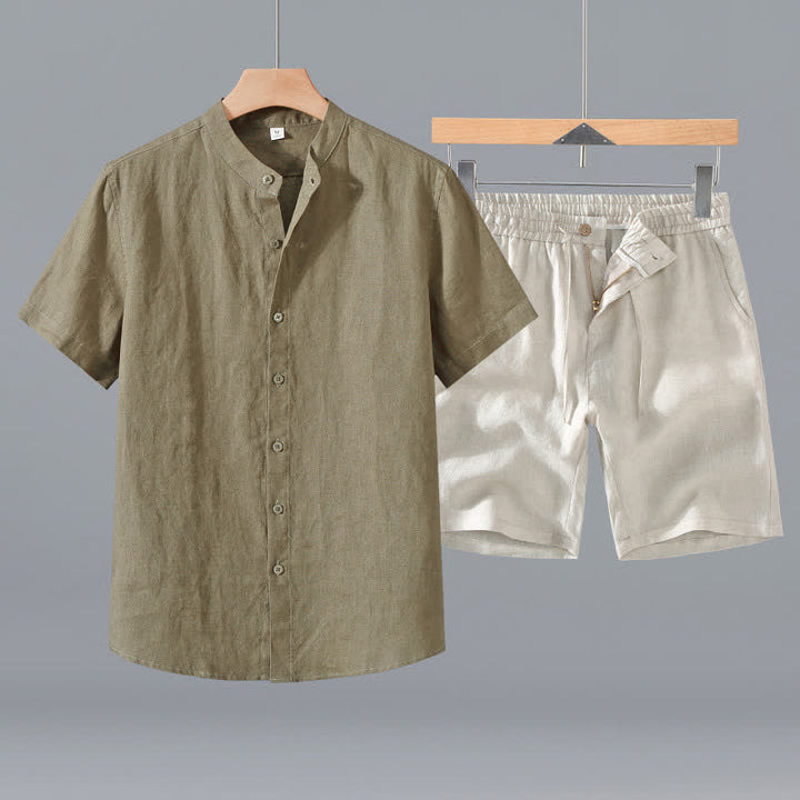 Buddha Stones 夏用マンダリンカラーボタンアップ無地リネン半袖シャツショーツメンズ瞑想服ポケット付き2点セット - ダークカーキのシャツ＋ベージュのショートパンツ - US/UK/AU42、 EU52 (3XL) - image 0