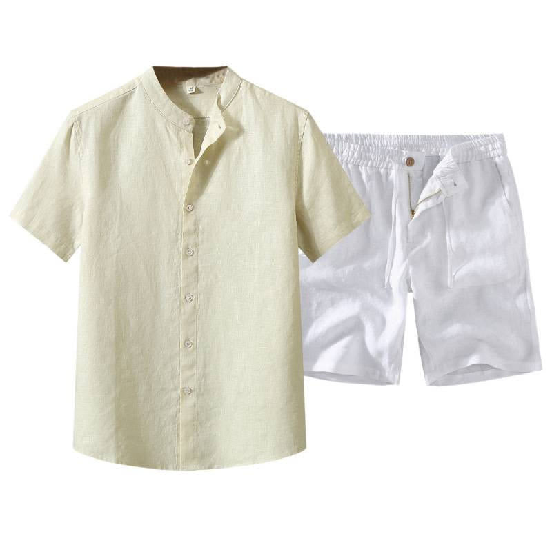 Buddha Stones 夏用マンダリンカラーボタンアップ無地リネン半袖シャツショーツメンズ瞑想服ポケット付き2点セット - image 11
