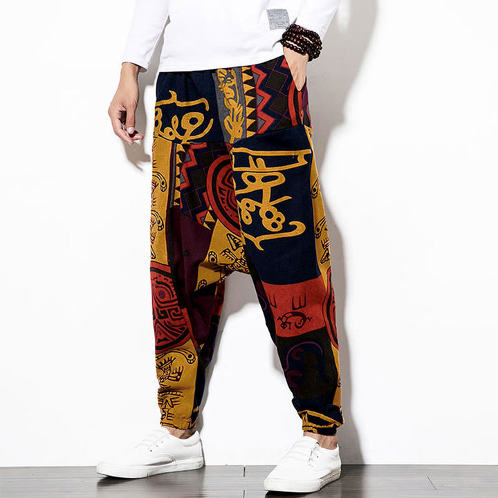 Buddha Stonesレッドブラウン グラフィティ バードプリント メンズ ハーレムパンツ ポケット付き - image 3