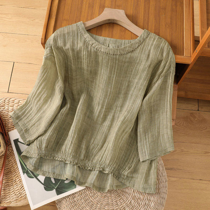 Buddha Stonesカジュアル サマー 無地 クルーネック レディース 七分袖 Tシャツ - ダークカーキ - US12、 UK/AU16、 EU44 (2XL) - image 0