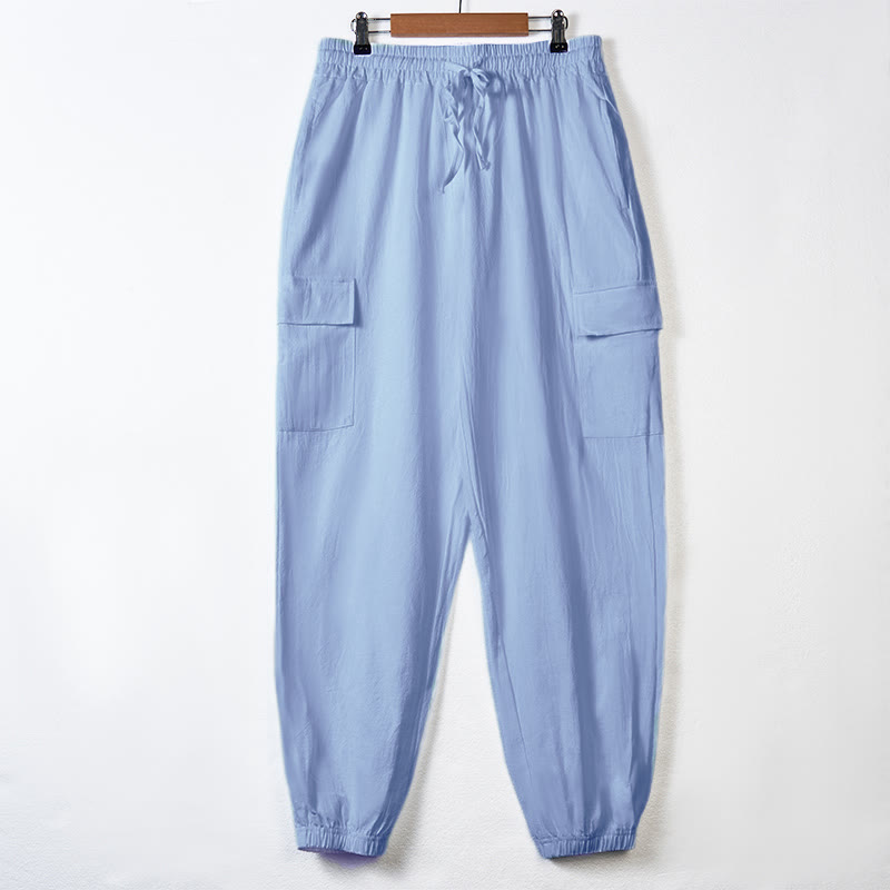 Buddha Stones無地リネン ドローストリング メンズ カーゴパンツ ポケット付き - ライトスカイブルー - US/UK/AU46、 EU56 (3XL) - image 9
