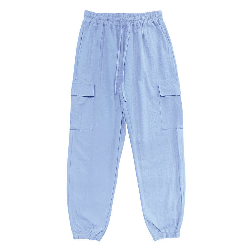 Buddha Stones無地リネン ドローストリング メンズ カーゴパンツ ポケット付き - image 10