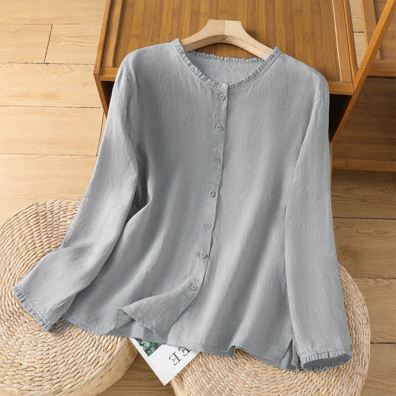 Buddha Stones春らしい無地ボタンデザイン フリル付きクルーネック レディースシャツ - 銀 - US14、 UK/AU18、 EU46 (2XL) - image 5