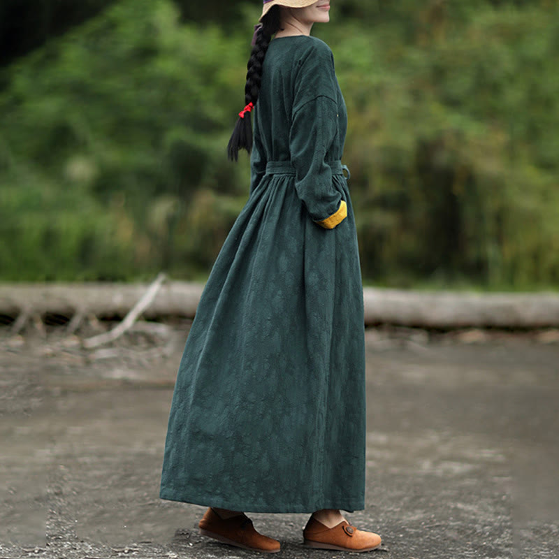 Buddha Stonesカエルボタン付き無地Vネック長袖コットンミディドレス（ポケット付き） - image 5