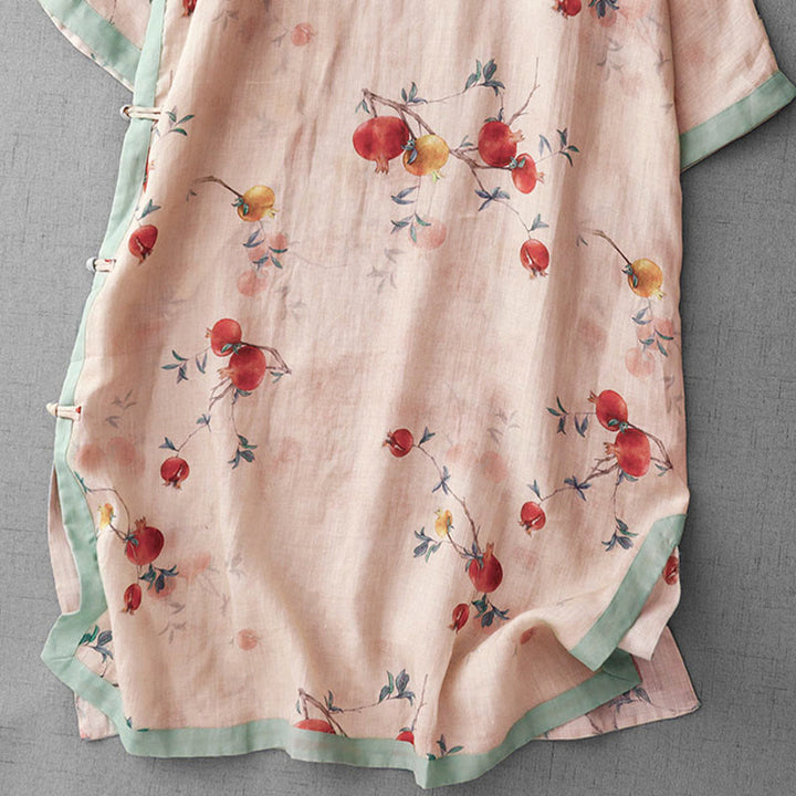 Buddha Stones、カエルボタン、蘭、ザクロの花柄、サイドスリットデザイン、ハーフスリーブミディドレス - image 4