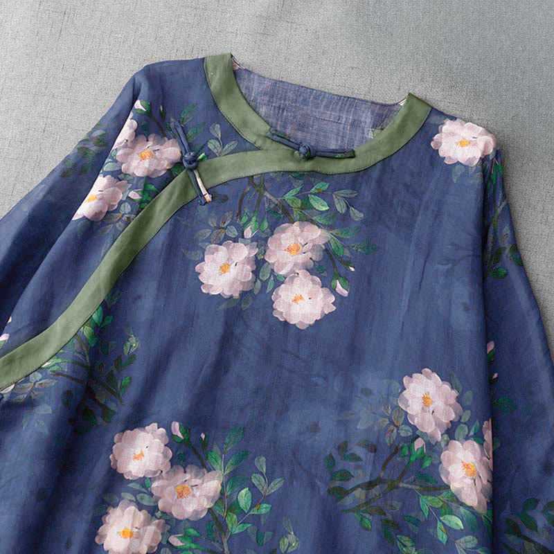 Buddha Stones、カエルボタン、蘭、ザクロの花柄、サイドスリットデザイン、ハーフスリーブミディドレス - image 14
