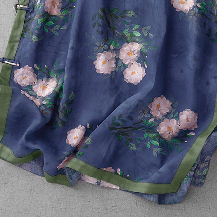Buddha Stones、カエルボタン、蘭、ザクロの花柄、サイドスリットデザイン、ハーフスリーブミディドレス - image 15