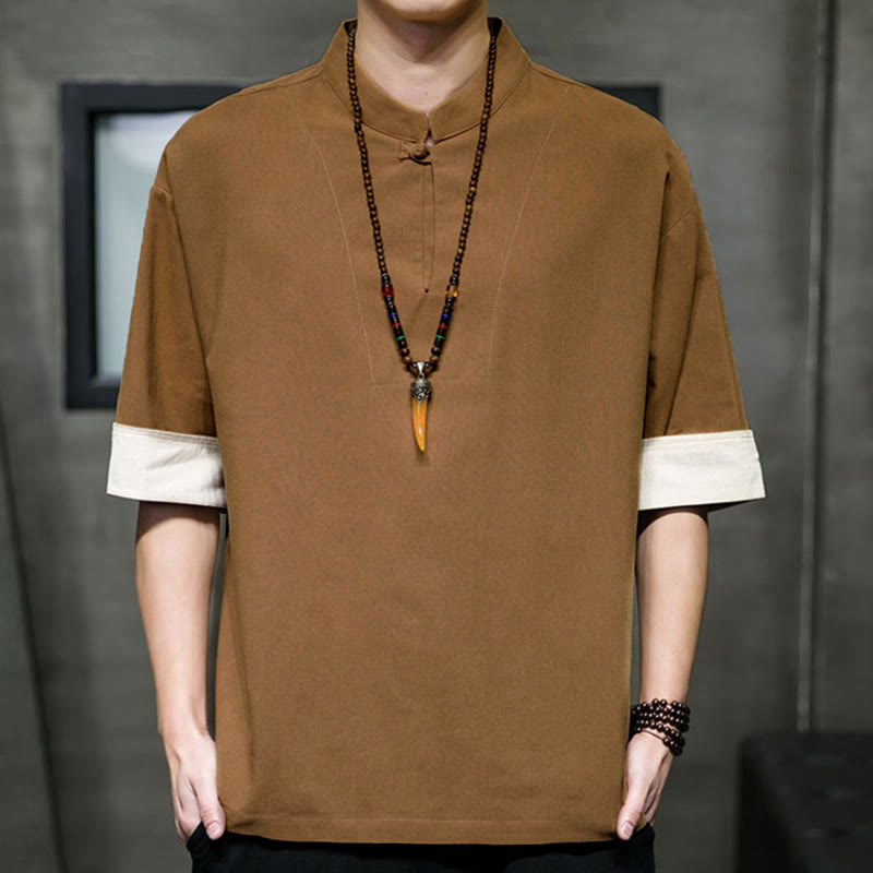 Buddha Stones 夏物 唐風 マンダリンカラー 無地 メンズ 半袖シャツ - ペルー - US/UK/AU46, EU56 （5XL） - image 10