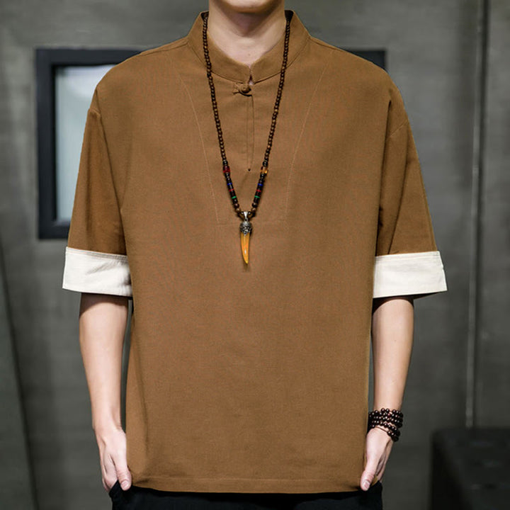 Buddha Stones 夏物 唐風 マンダリンカラー 無地 メンズ 半袖シャツ - ペルー - US/UK/AU46, EU56 （5XL） - image 10