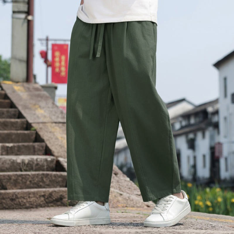 Buddha Stones 夏物カジュアルミニマリストドローストリング無地コットンロングパンツメンズハーレムパンツポケット付き - image 30
