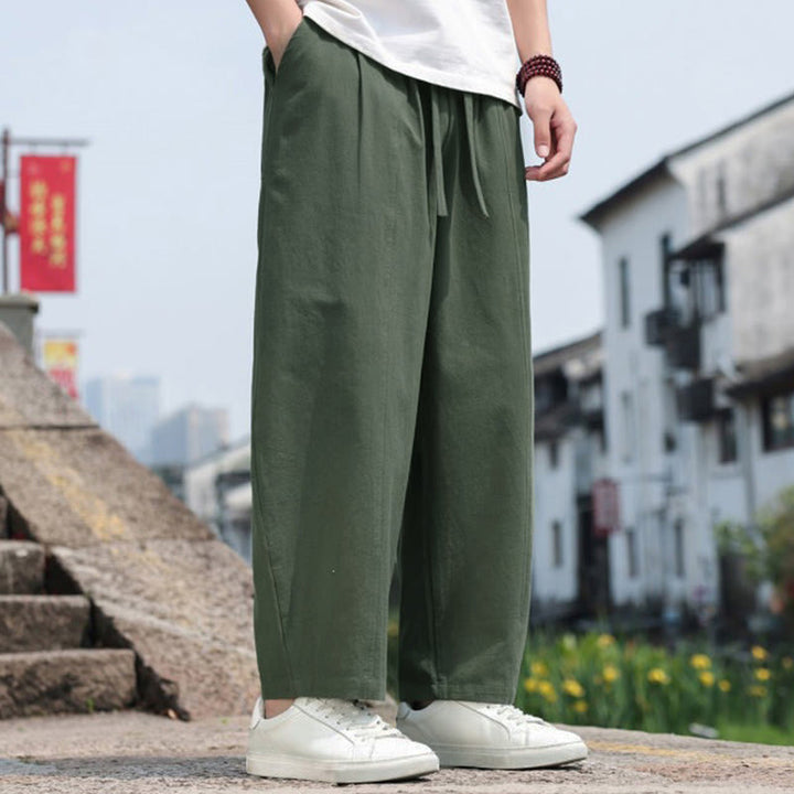 Buddha Stones 夏物カジュアルミニマリストドローストリング無地コットンロングパンツメンズハーレムパンツポケット付き - image 28