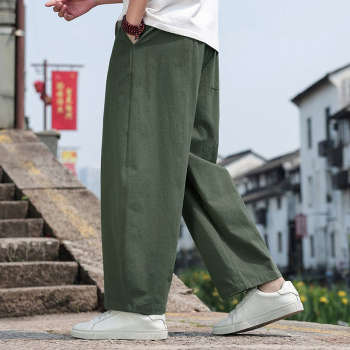 Buddha Stones 夏物カジュアルミニマリストドローストリング無地コットンロングパンツメンズハーレムパンツポケット付き - image 24