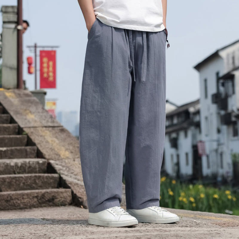 Buddha Stones 夏物カジュアルミニマリストドローストリング無地コットンロングパンツメンズハーレムパンツポケット付き - image 1