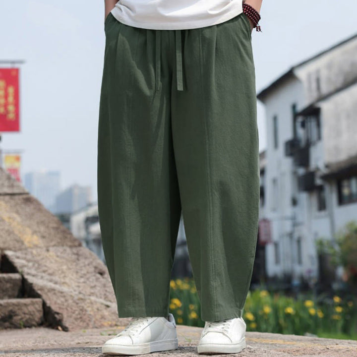 Buddha Stones 夏物カジュアルミニマリストドローストリング無地コットンロングパンツメンズハーレムパンツポケット付き - image 27