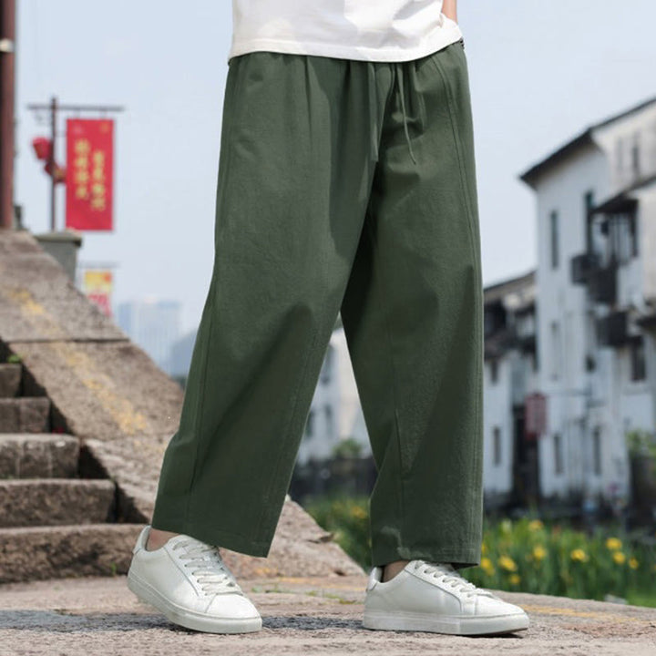 Buddha Stones 夏物カジュアルミニマリストドローストリング無地コットンロングパンツメンズハーレムパンツポケット付き - image 22