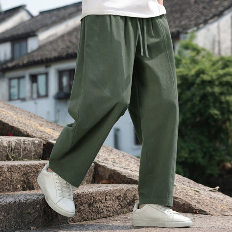 Buddha Stones 夏物カジュアルミニマリストドローストリング無地コットンロングパンツメンズハーレムパンツポケット付き - image 29