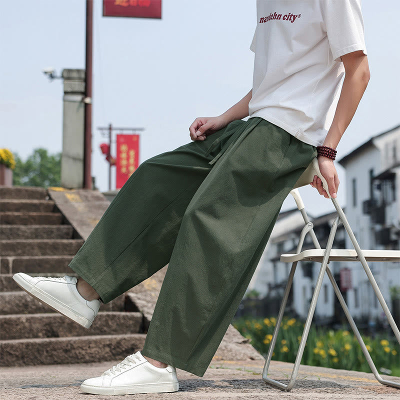 Buddha Stones 夏物カジュアルミニマリストドローストリング無地コットンロングパンツメンズハーレムパンツポケット付き - image 31