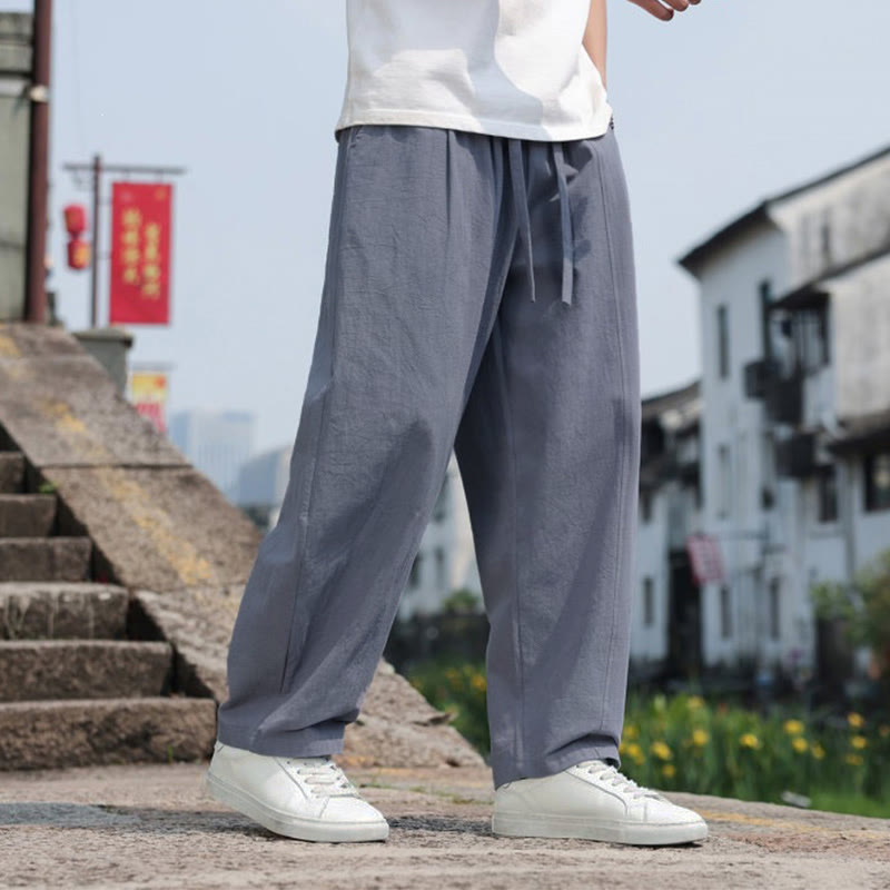 Buddha Stones 夏物カジュアルミニマリストドローストリング無地コットンロングパンツメンズハーレムパンツポケット付き - image 4