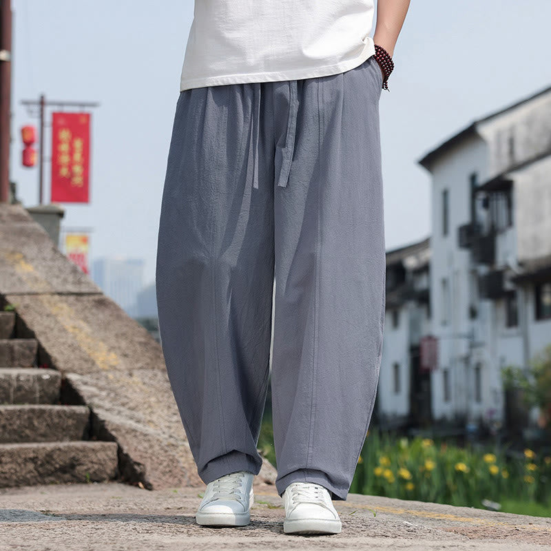 Buddha Stones 夏物カジュアルミニマリストドローストリング無地コットンロングパンツメンズハーレムパンツポケット付き - ダークグレー - US/UK/AU46, EU56 （5XL） - image 0