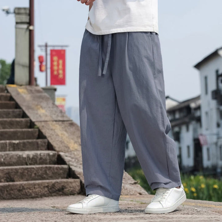 Buddha Stones 夏物カジュアルミニマリストドローストリング無地コットンロングパンツメンズハーレムパンツポケット付き - image 7