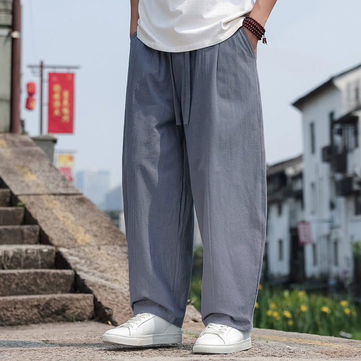 Buddha Stones 夏物カジュアルミニマリストドローストリング無地コットンロングパンツメンズハーレムパンツポケット付き - image 2