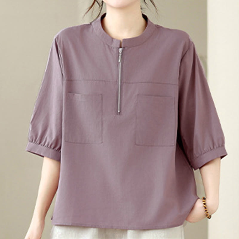 Buddha Stones 夏物ミニマリストカジュアルクォータージップデザイン無地レディース半袖シャツ（パッチポケット付き） - image 13