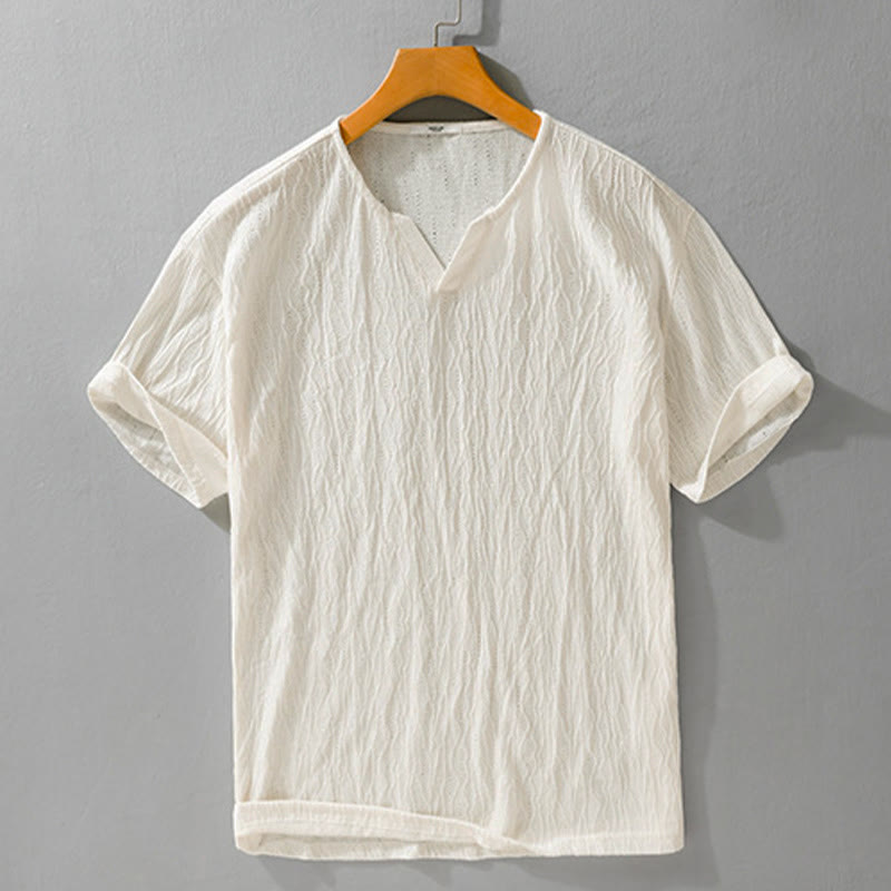 Buddha Stones 夏物カジュアルミニマリスト無地Vネックメンズ半袖Tシャツ - リネン - US/UK/AU42, EU52 （3XL） - image 11