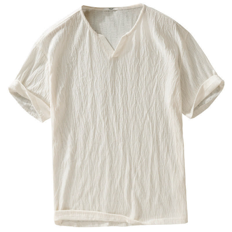 Buddha Stones 夏物カジュアルミニマリスト無地Vネックメンズ半袖Tシャツ - image 14