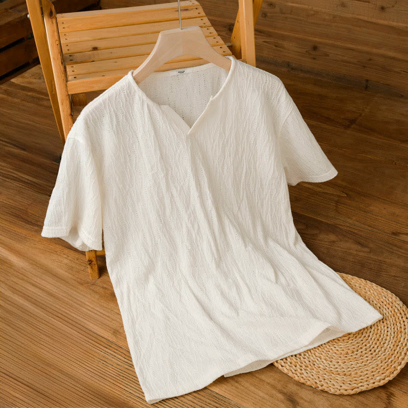 Buddha Stones 夏物カジュアルミニマリスト無地Vネックメンズ半袖Tシャツ - image 12