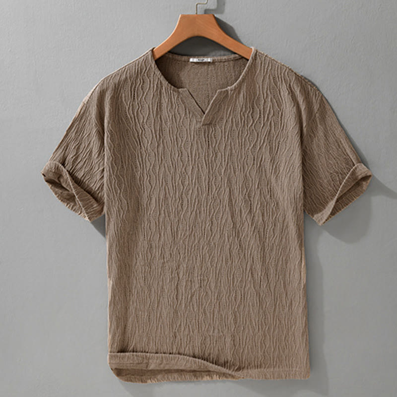 Buddha Stones 夏物カジュアルミニマリスト無地Vネックメンズ半袖Tシャツ - image 6