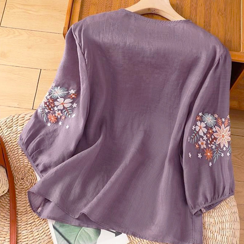 Buddha Stonesカジュアルフラワーリーフ刺繍入りレディースクルーネック七分袖Tシャツ - image 1