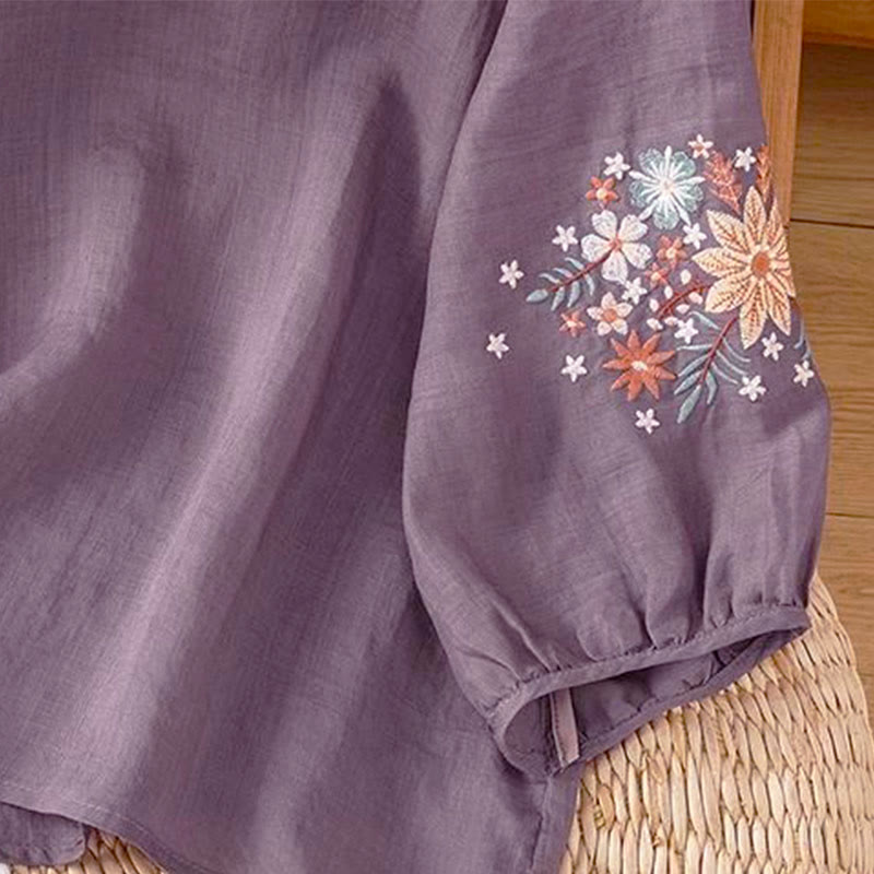 Buddha Stonesカジュアルフラワーリーフ刺繍入りレディースクルーネック七分袖Tシャツ - image 4