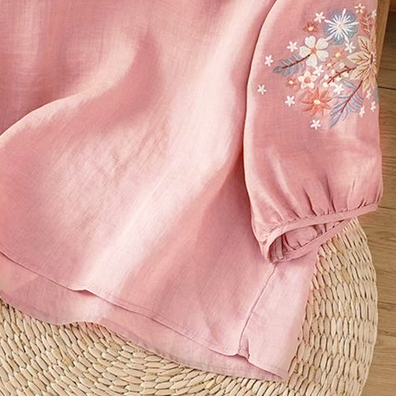 Buddha Stonesカジュアルフラワーリーフ刺繍入りレディースクルーネック七分袖Tシャツ - image 15