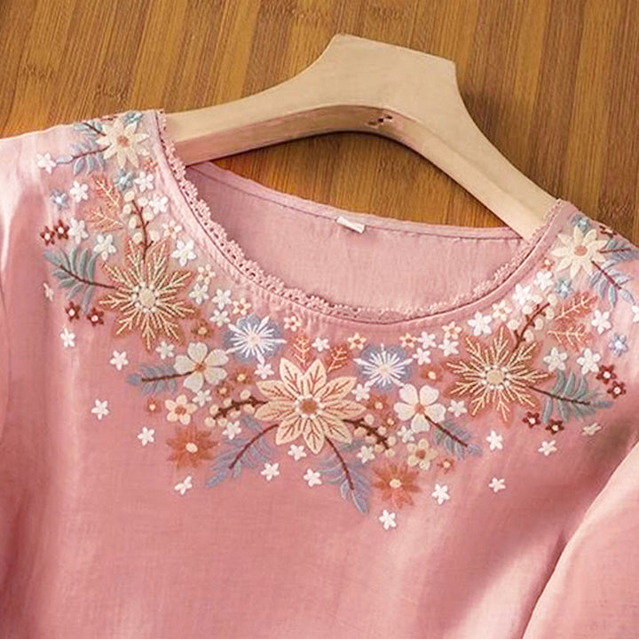 Buddha Stonesカジュアルフラワーリーフ刺繍入りレディースクルーネック七分袖Tシャツ - image 13