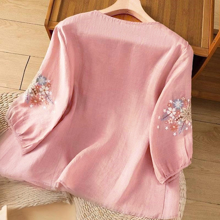 Buddha Stonesカジュアルフラワーリーフ刺繍入りレディースクルーネック七分袖Tシャツ - image 12