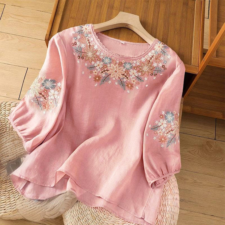 Buddha Stonesカジュアルフラワーリーフ刺繍入りレディースクルーネック七分袖Tシャツ - ライトピンク - US12、 UK/AU16、 EU44 (3XL) - image 11