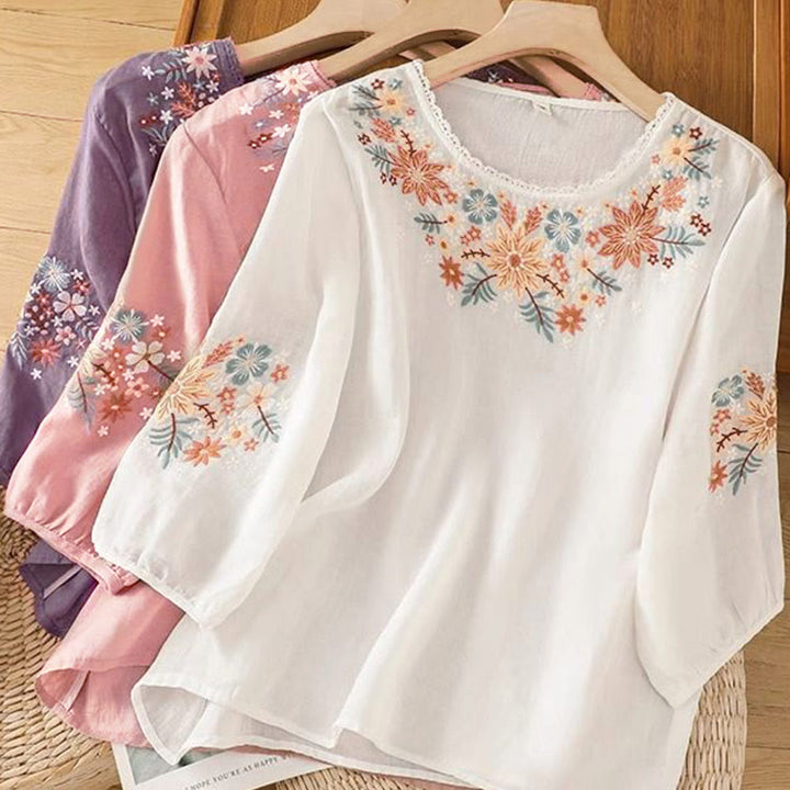 Buddha Stonesカジュアルフラワーリーフ刺繍入りレディースクルーネック七分袖Tシャツ - image 18