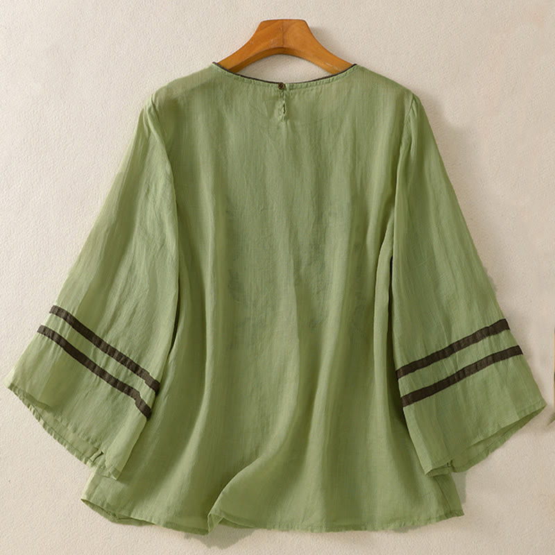 Buddha Stonesレトロ刺繍花柄七分袖レディースコットンTシャツ - image 17
