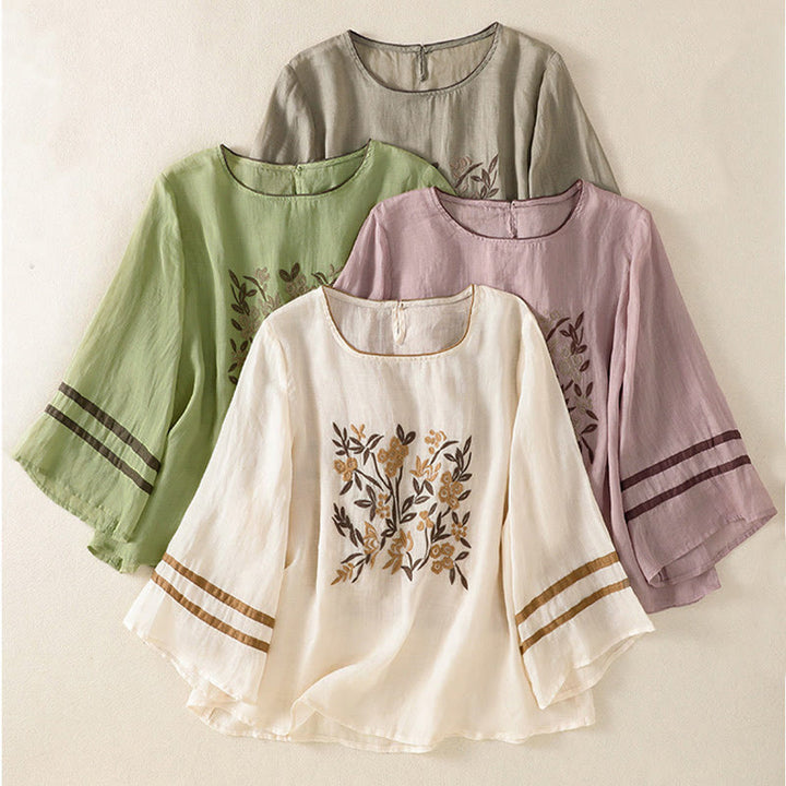 Buddha Stonesレトロ刺繍花柄七分袖レディースコットンTシャツ - image 31