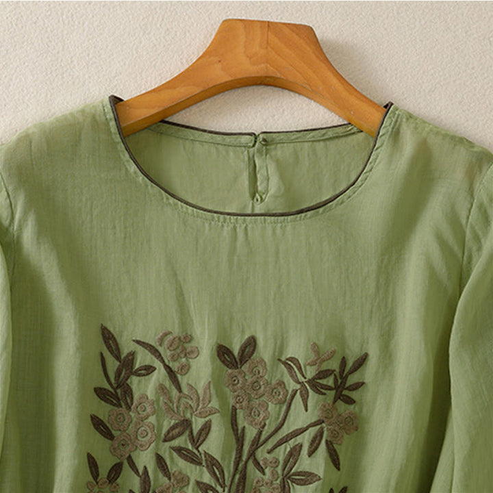 Buddha Stonesレトロ刺繍花柄七分袖レディースコットンTシャツ - image 18